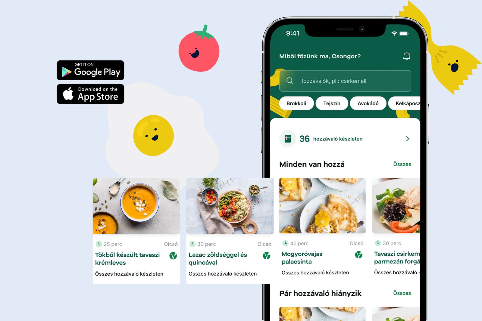 A GreenFridge alkalmazás recept-ajánló képernyői