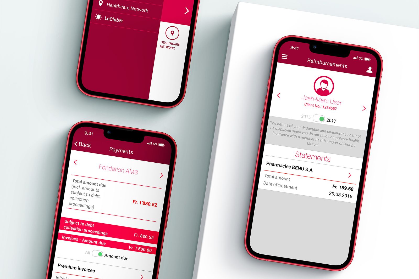 A Groupe Mutuel mobilalkalmazás képernyői: kifizetések és térítések listája