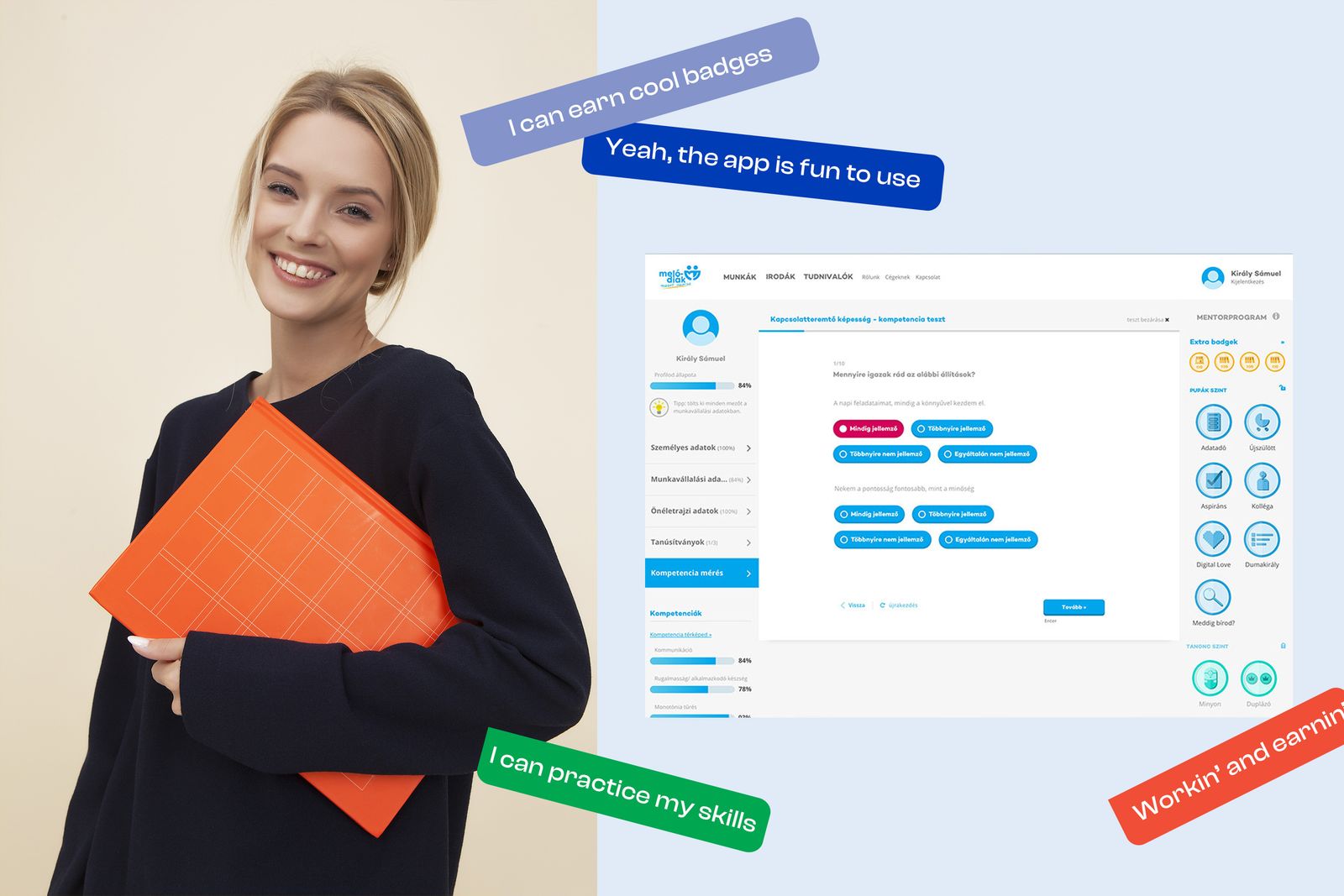 A Meló-Diák Mentorprogram alkalmazás képernyői pontokkal és jelvényekkel