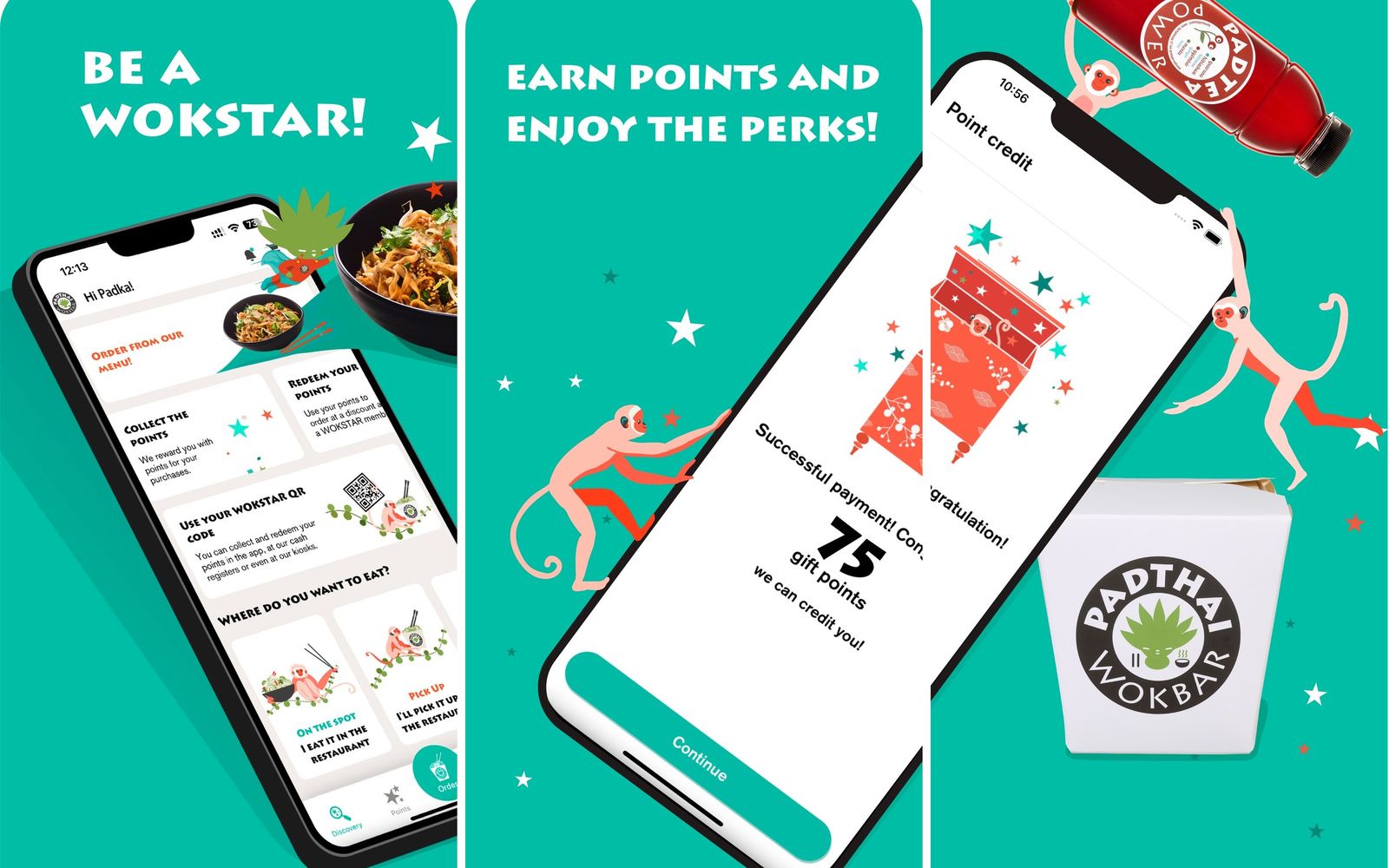 A padthai WOKSTAR hűségalkalmazás képernyői: rendelés, pontgyűjtés és QR-kód
